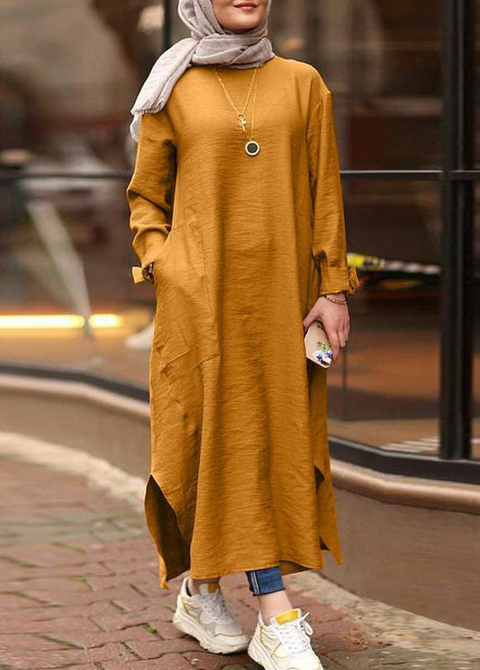 Color O-neck Long Sleeves Splited Robe Kaftan Maxi Dress With Pocket