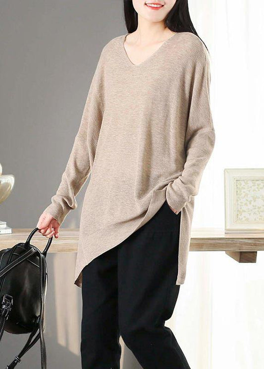 For Spring Nude Clothes V Neck Asymmetric Knit Tops