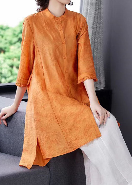 Boutique Yellow Stand Collar Tops and Pants Linen Two Piece Suit Set Spring