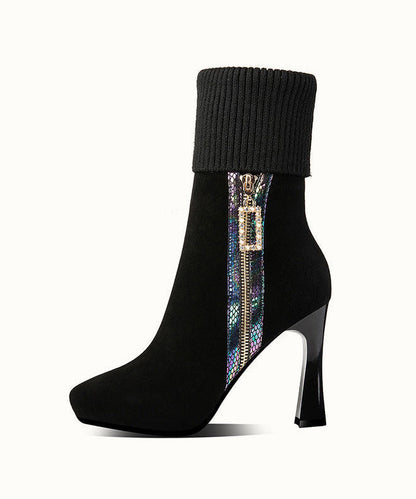 Zircon Zippered Splicing High Heel Boots Black Suede