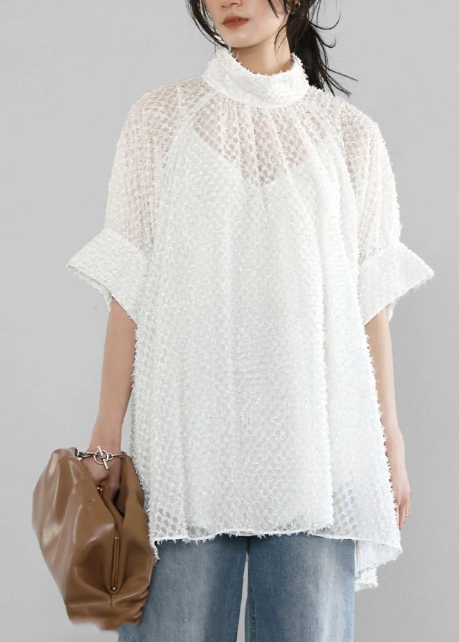 White Hollow Out Tulle a Line Tops Stand Collar Summer