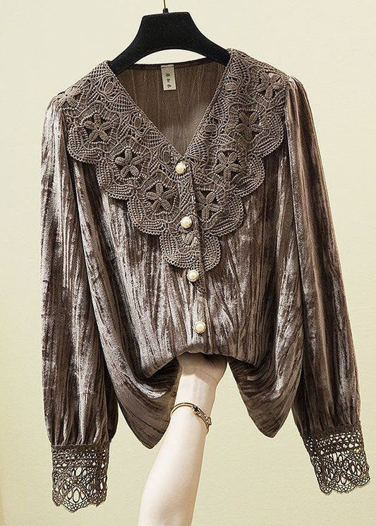 Diy Chocolate V Neck Lace Patchwork Silk Velour Shirt Long Sleeve
