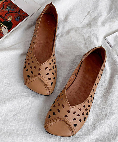 Brown Cowhide Flat Feet Shoes Hollow Out Flat Shoes