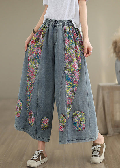 Blue Elastic Waist Pockets Patchwork Crop Jeans Summer