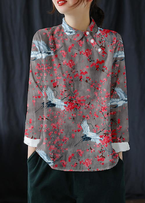 Pink Crane Clothes Lapel Button Down Spring Blouses