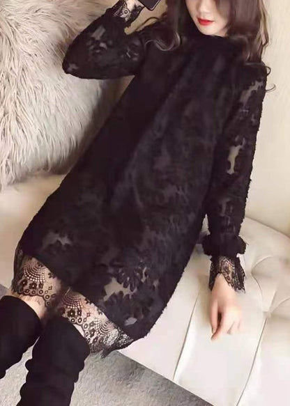 Black Ruffled Hollow Out Lace Mid Dress Spring