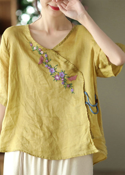 Unique Yellow V Neck Embroideried Linen T Shirt Half Sleeve