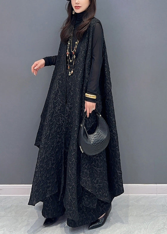 Jacquard Black Asymmetrical Patchwork Waistcoat and Pants Cotton Two Pieces Set Sleeveless Fall