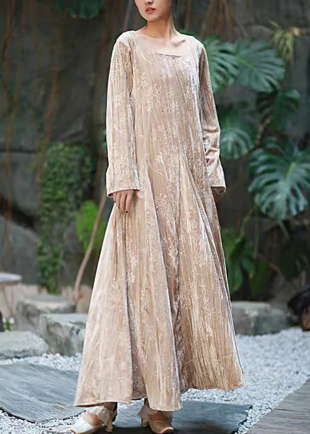 Boutique Apricot U Neck Print Exra Large Hem Velour Long Dress Fall