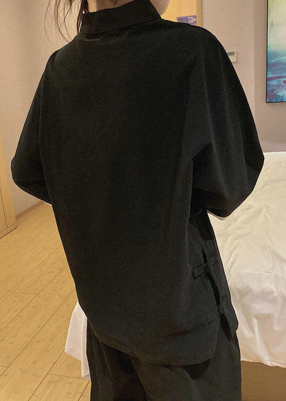 Chinese Style Black Stand Collar Embroideried Linen Tops Three Quarter Sleeve
