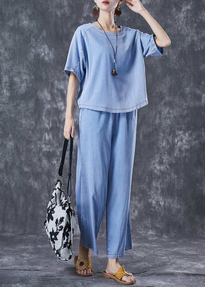 Light Blue Oversized Draping Denim Two Piece Set Outfits Summer