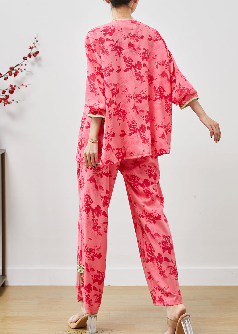 Red Chinese Button Print Cotton Two Pieces Set Summer