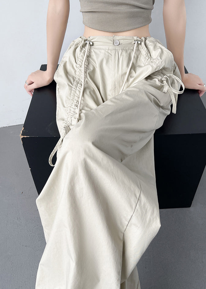 New Yellow Pockets Drawstring High Waist Cotton Pants Spring