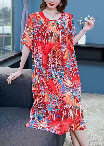 Red O Neck Print Patchwork Silk Mid Dress Summer
