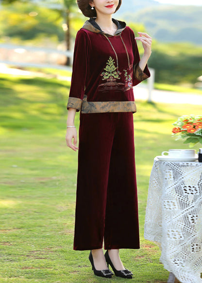 Wine Red Drawstring Silk Velour Pullover and Wide Leg Pants Two Pieces Set Long Sleeve