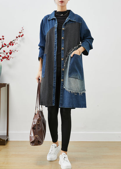 Unique Blue Asymmetrical Patchwork Denim Trench Coats Fall