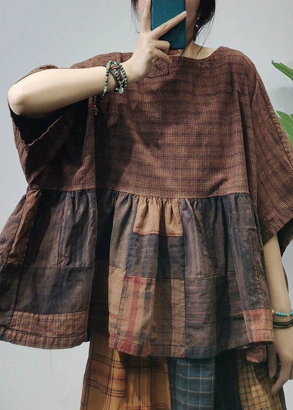 O-neck Wrinkled Patchwork Plaid Shirts Half Sleeve