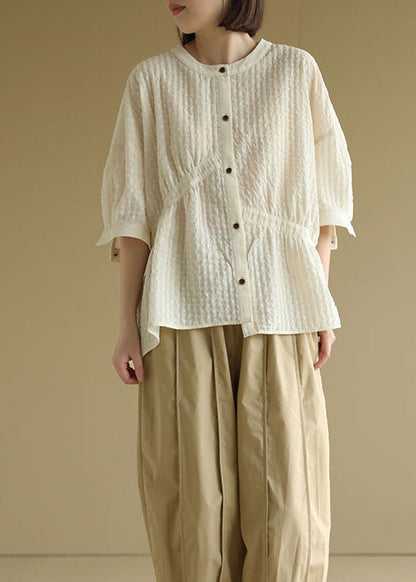 Beige O-neck Oversized Wrinkled Shirt Top Bracelet Sleeve