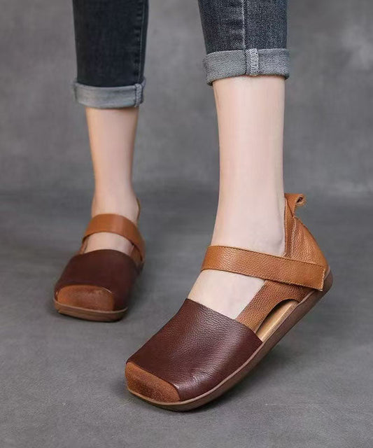 Comfy Splicing Walking Sandals Brown Faux Leather Hollow Out