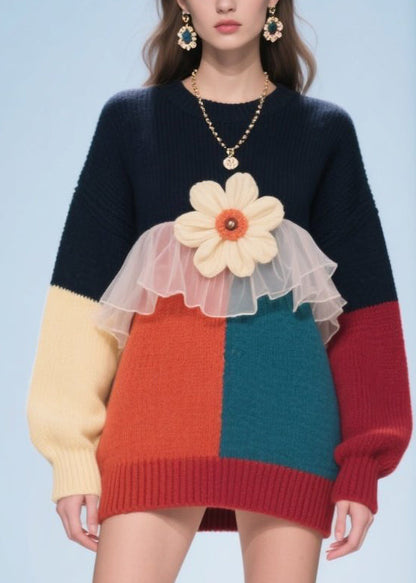 Colorblock O Neck Tulle Patchwork Knit Pullover Fall