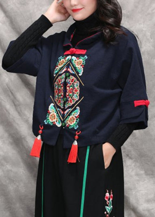 Navy Peter Pan Collar Tassel Coats Long Sleeve