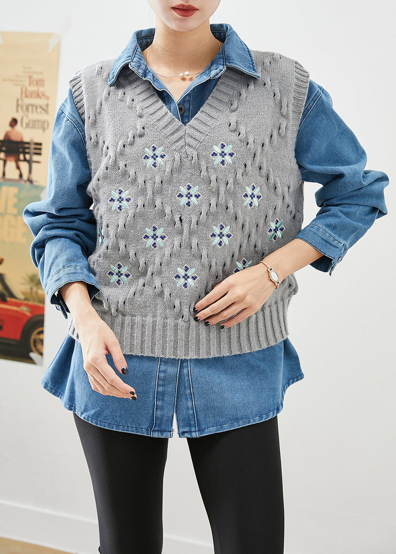 Oversized Thick Knit Vest and Denim Shirt Two Piece Set Outfits Fall