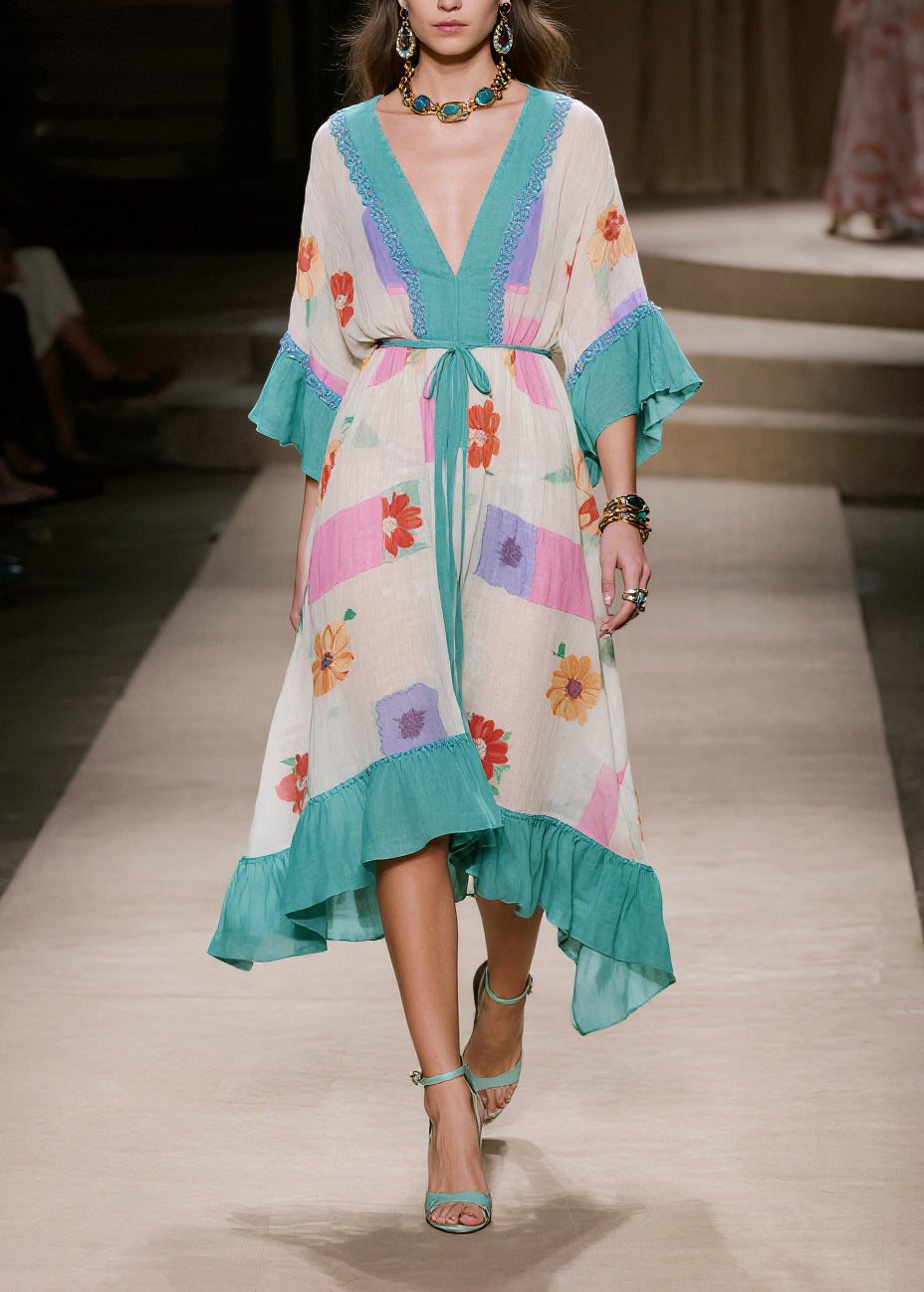 Blue Print Patchwork Ruffles Cotton Dresses Summer