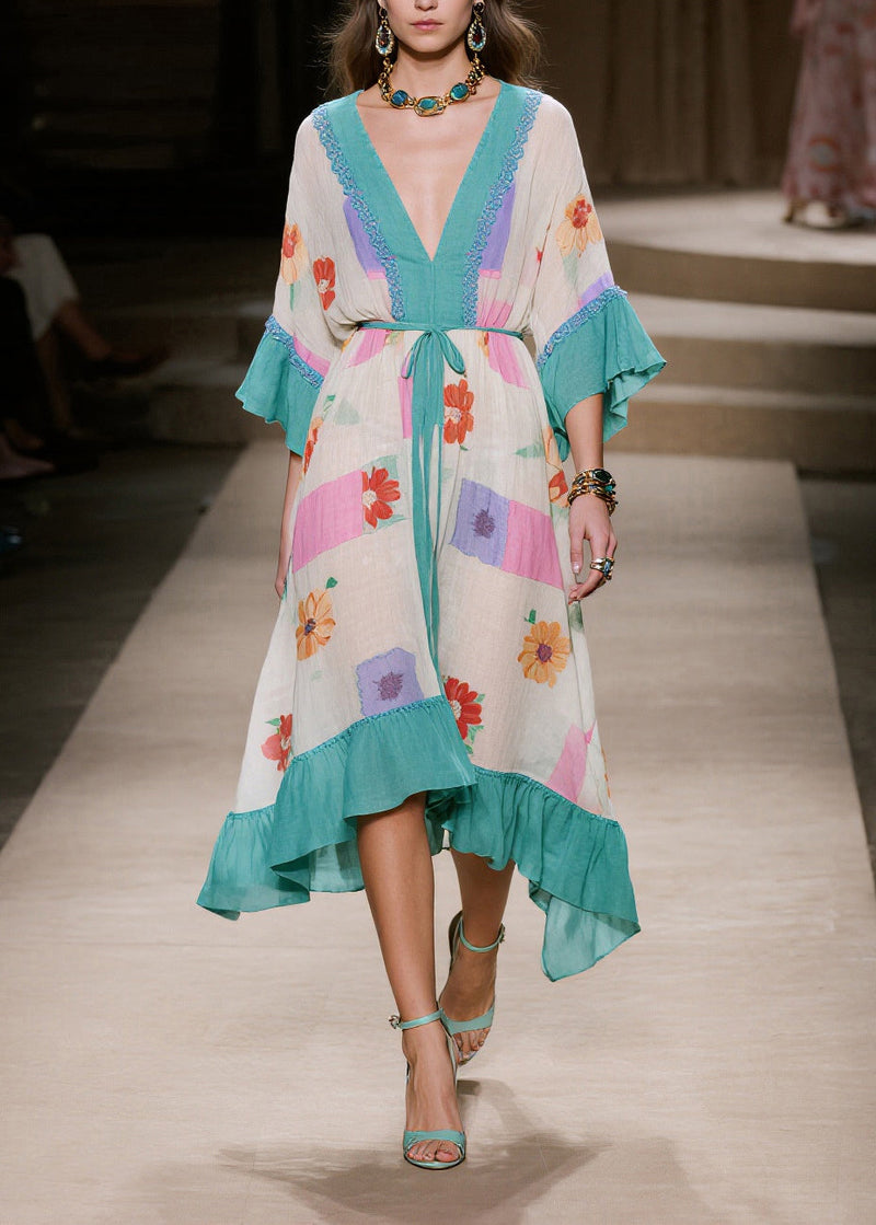 Blue Print Patchwork Ruffles Cotton Dresses Summer