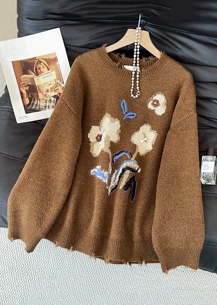 Jacquard Brown Hole Cozy Knit Sweater Winter