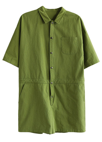 French Green Button Peter Pan Collar Pocket Cotton Jumpsuit Half Sleeve