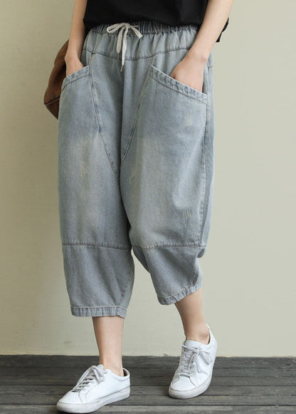 French Light Blue Pockets Elastic Waist Cotton Denim Pants Spring