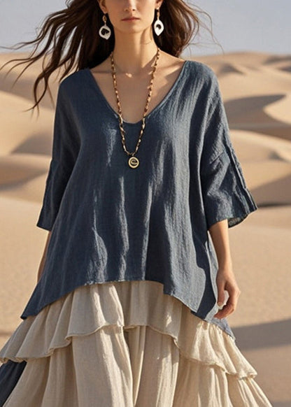 Navy Oversized Exra Large Hem Cotton Fake Two Piece Dress Summer