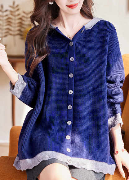 Blue Patchwork Button Cotton Hooded Knit Cardigan Fall