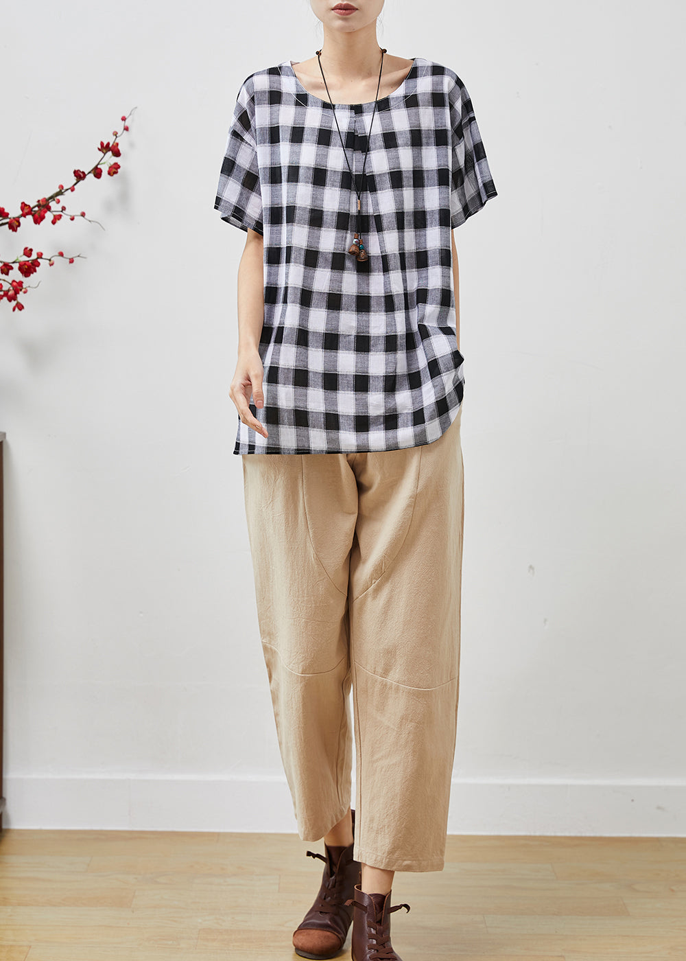Grey Oversized Plaid Linen Two Piece Set Clothing Summer