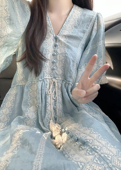 Blue Embroideried Patchwork Cotton Vacation Dresses Summer