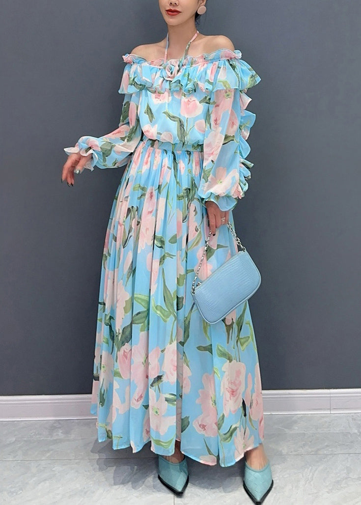 Blue Cold Shoulder Ruffled Patchwork Chiffon Dresses Long Sleeve
