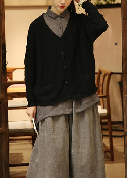 Black Button Pockets Patchwork Knit Cardigan Fall