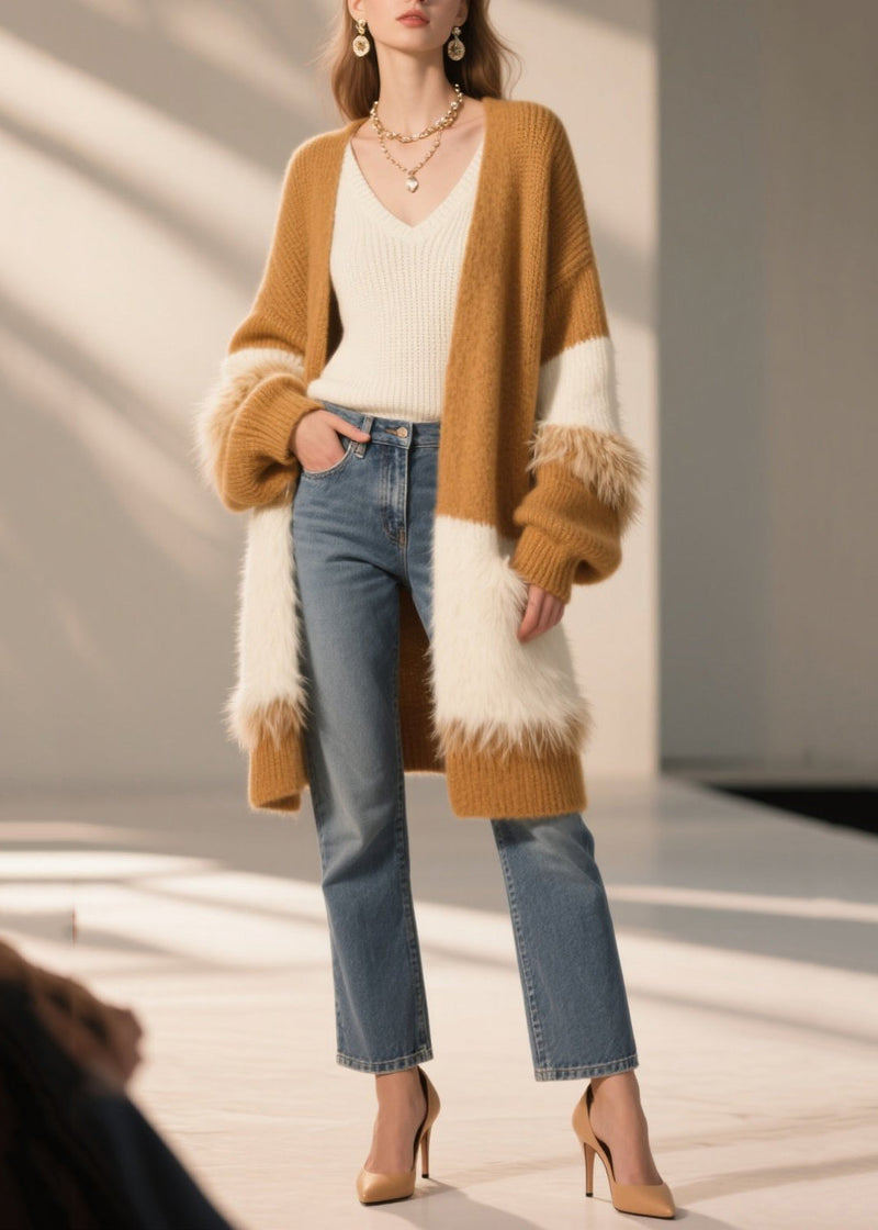 Coffee Oversized Patchwork Faux Fur Long Cardigan Winter