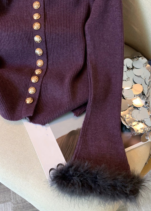 Purple Button Fluffy Patchwork Knit Sweater O Neck Spring