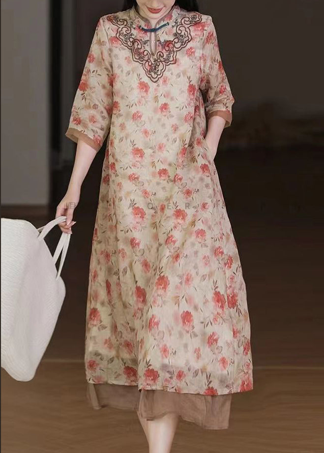 Apricot Embroideried Print Patchwork Linen Dresses Half Sleeve