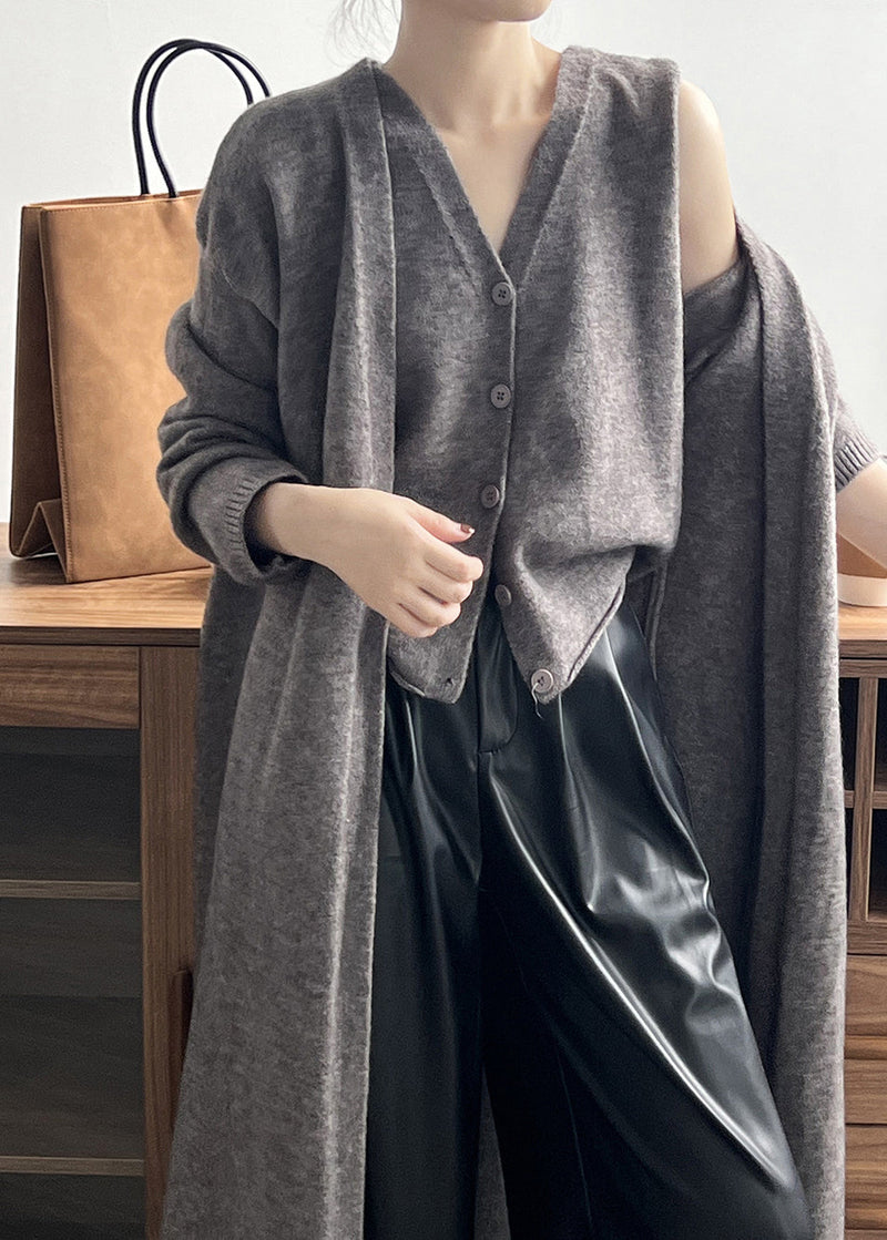 Loose Camel V Neck Tank and Cardigan Knit Two Piece Set Fall