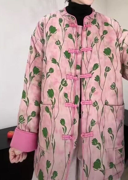 Pink Stand Collar Pockets Print Fine Cotton Filled Coat Winter