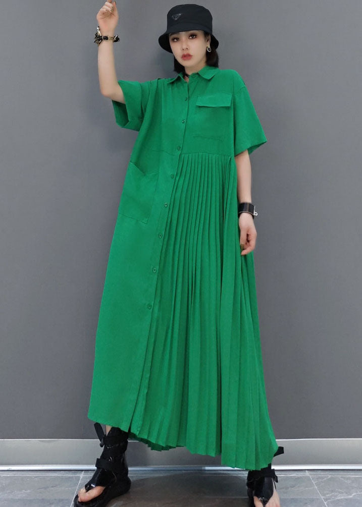 Italian Green Peter Pan Collar Patchwork Wrinkled Color Cotton Shirt Dress Short Sleeve