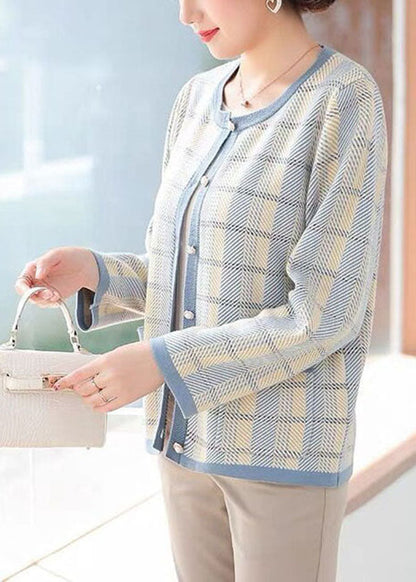 Blue Plaid Knit Coats O-neck Pockets Long Sleeve