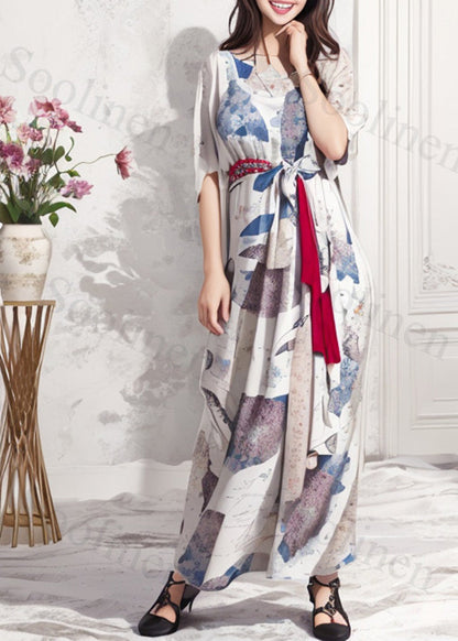 Silm Fit White Cinched Print Silk Dresses Summer