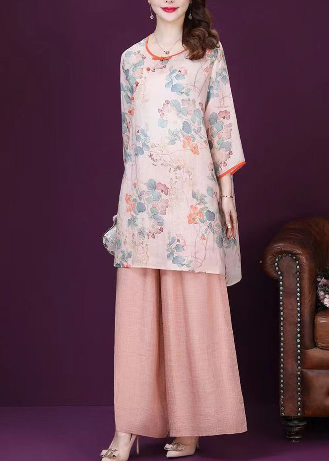 Loose Pink O Neck Print Tops and Pants Cotton Two Pieces Set Summer