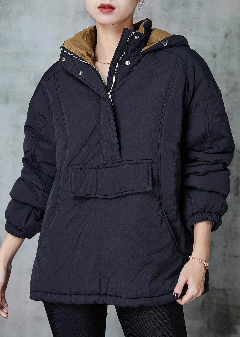 Black Patchwork Fine Cotton Filled Pullover Hooded Spring