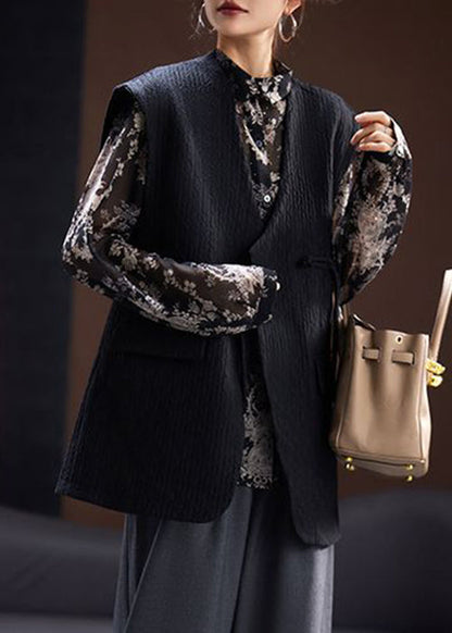 Black V Neck Chinese Button Cotton Waistcoat Sleeveless