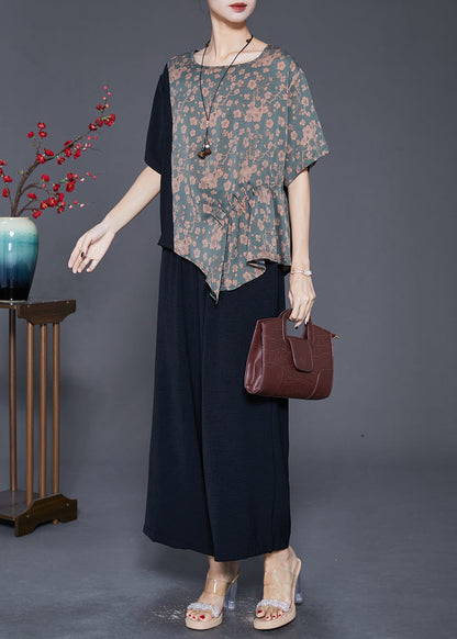 Asymmetrical Patchwork Print Silk Two-piece Set Fall