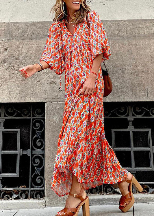 Orange Lace Up Patchwork Print Exra Large Hem Long Dresses Lantern Sleeve